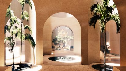 Warm and earthy-toned underground interior with palm trees