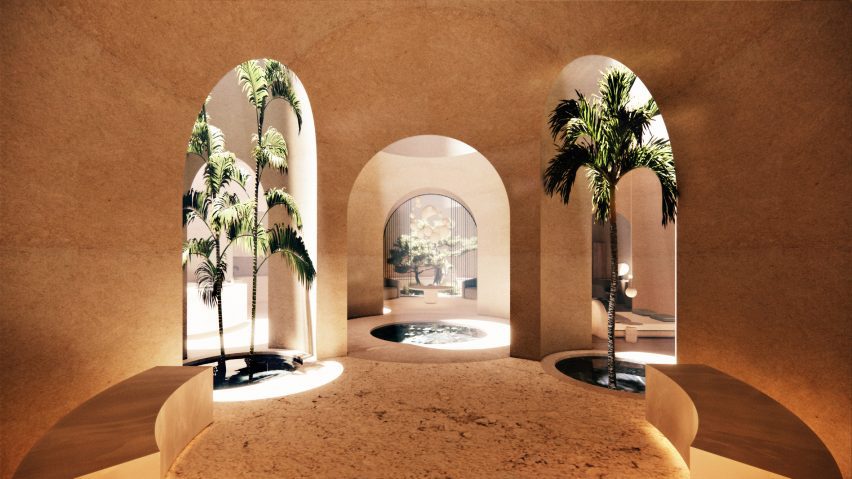 Warm and earthy-toned underground interior with palm trees