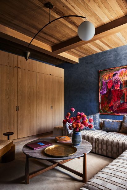 Den with deep blue plaster walls