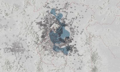 A digital visualisation of a map detailing a water crisis area, in tones of grey and blue.