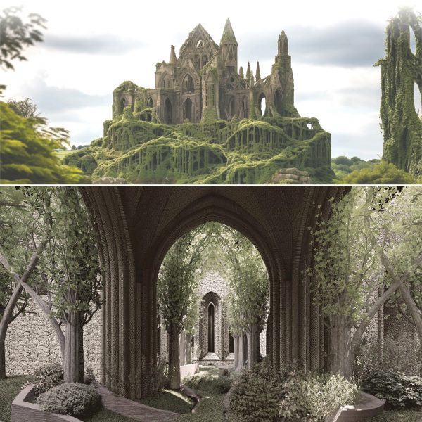 Two visualisations on top of one another; the first displaying ruins of a castle with greenery draped over and around it, the other, the interior of a castle with green trees within it.