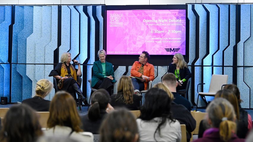 Photo of people at a talk at Surface Design Show