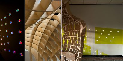 A series of three photographs of a wooden structure in tones of brown, which interacts with light and shadow.