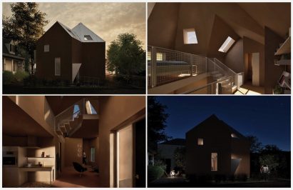 A series of four visualisations of a building and its interior, all of which are in tones of brown. One of the images shows the building at night, with a dark blue sky surrounding it.