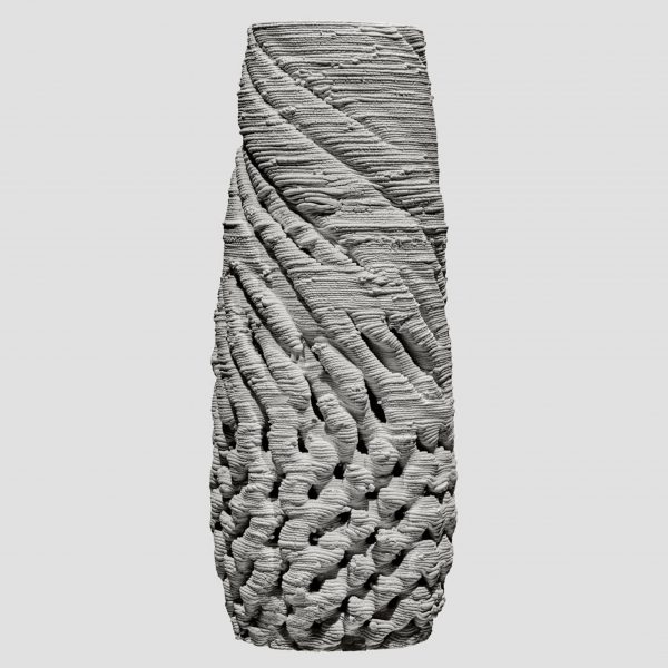 A visualisation of a vessel that is 3D-printed with clay, giving it a textured surface. It is in tones of grey, against a grey backdrop.