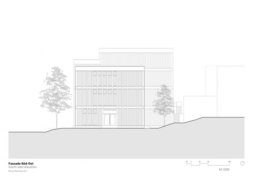 Elevation of Sporthallenprovisorium Gloriarank by Itten+Brechbuhl