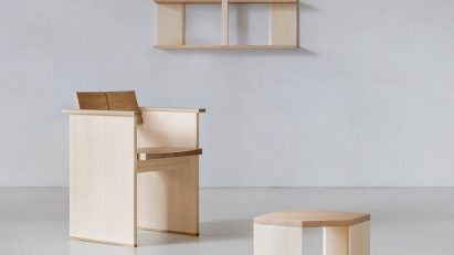 A wooden chair, shelf and table