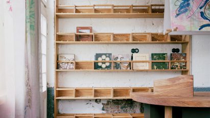 Wooden shelf at Goodbye Horses