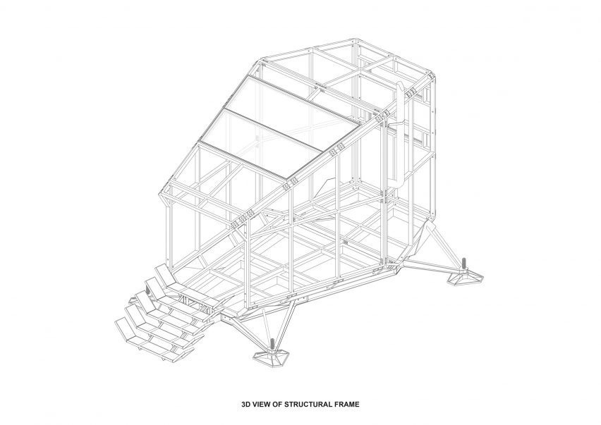 Isometric drawing of the mountain refuge by Hugh Broughton Architects and Rick Owens