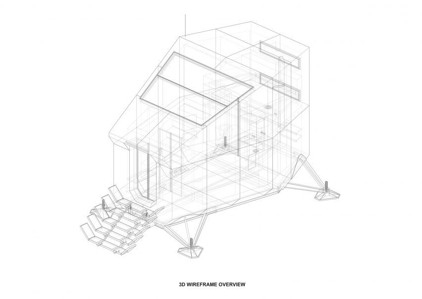 Isometric drawing of the mountain refuge by Hugh Broughton Architects and Rick Owens