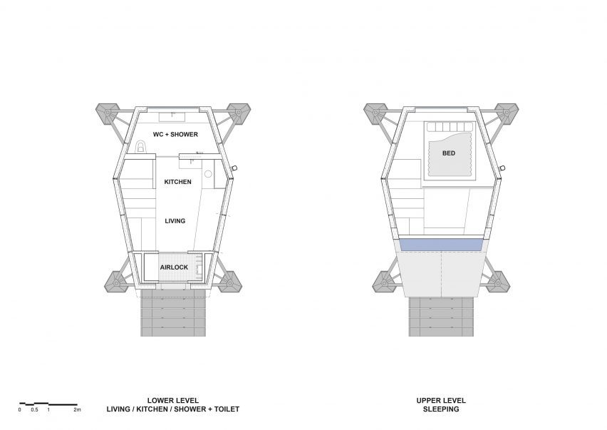 Floor plans of the mountain refuge by Hugh Broughton Architects and Rick Owens