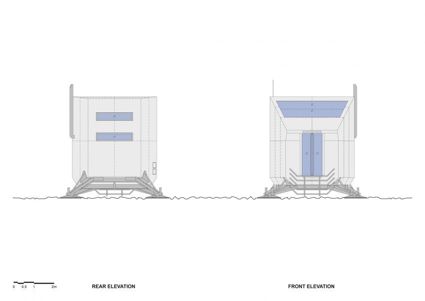 Elevations of the mountain refuge by Hugh Broughton Architects and Rick Owens