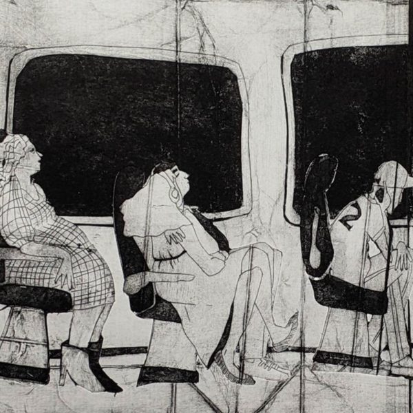 A black and white illustration of people sat on a bus.