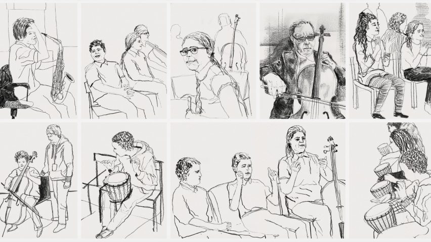 An black and white drawing of various figures.