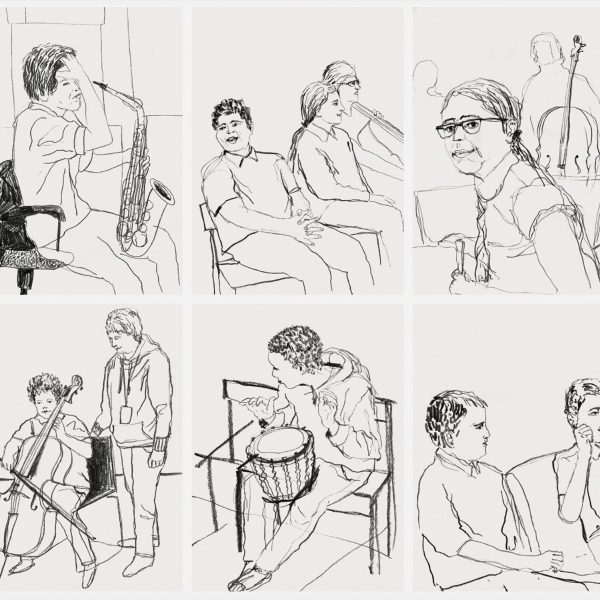 An black and white drawing of various figures.