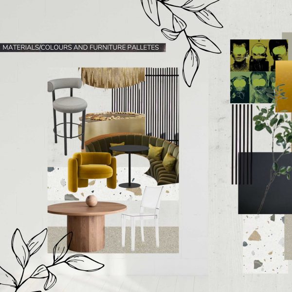 An interior design moodboard, with various interior objects laid on a grey backdrop.