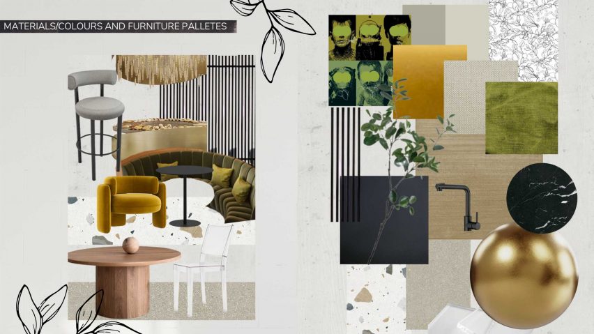 An interior design moodboard, with various interior objects laid on a grey backdrop.