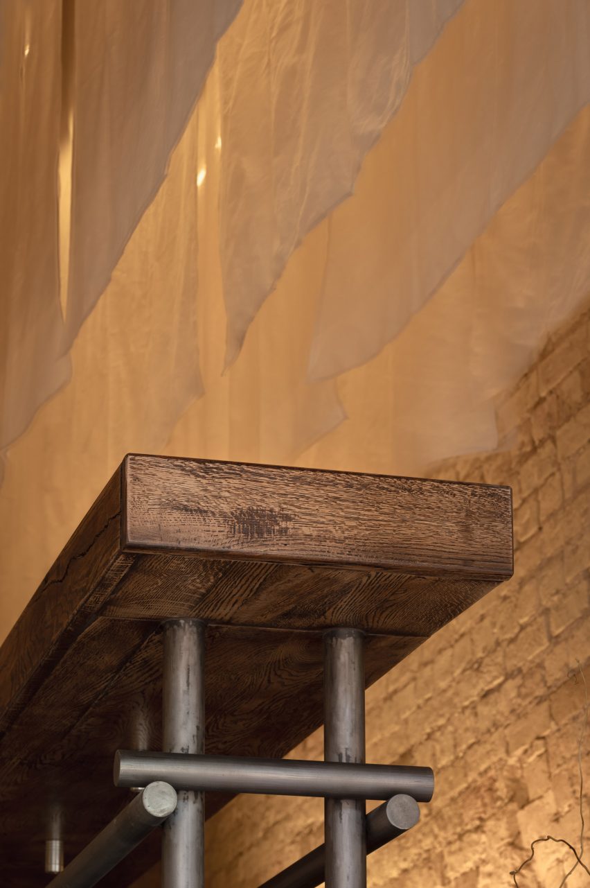 Restaurant interior with wooden and metal furniture