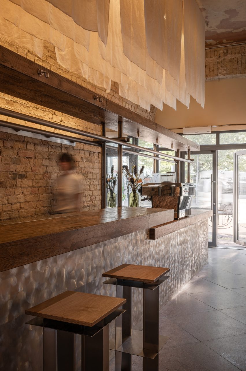 Restaurant interior with wooden and metal furniture