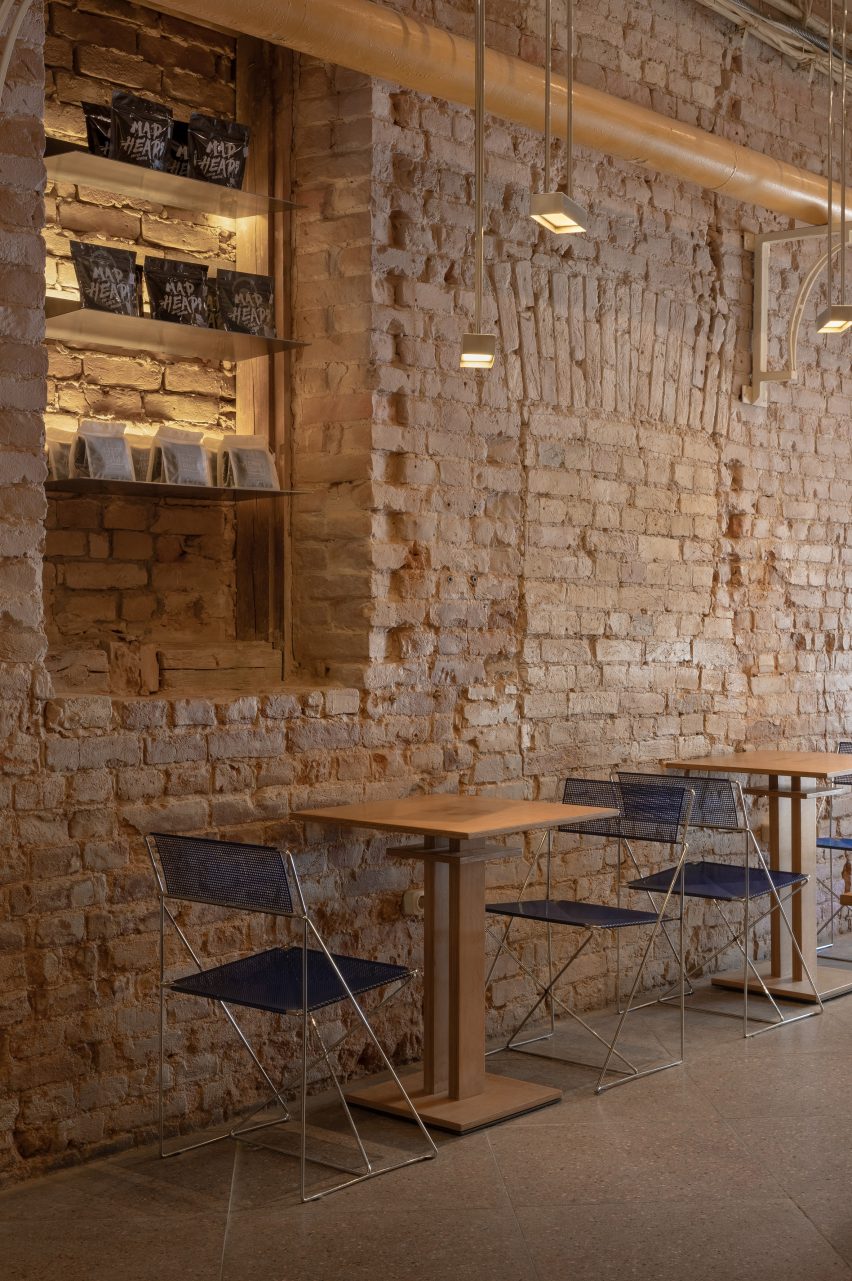 Restaurant interior with wooden and metal furniture