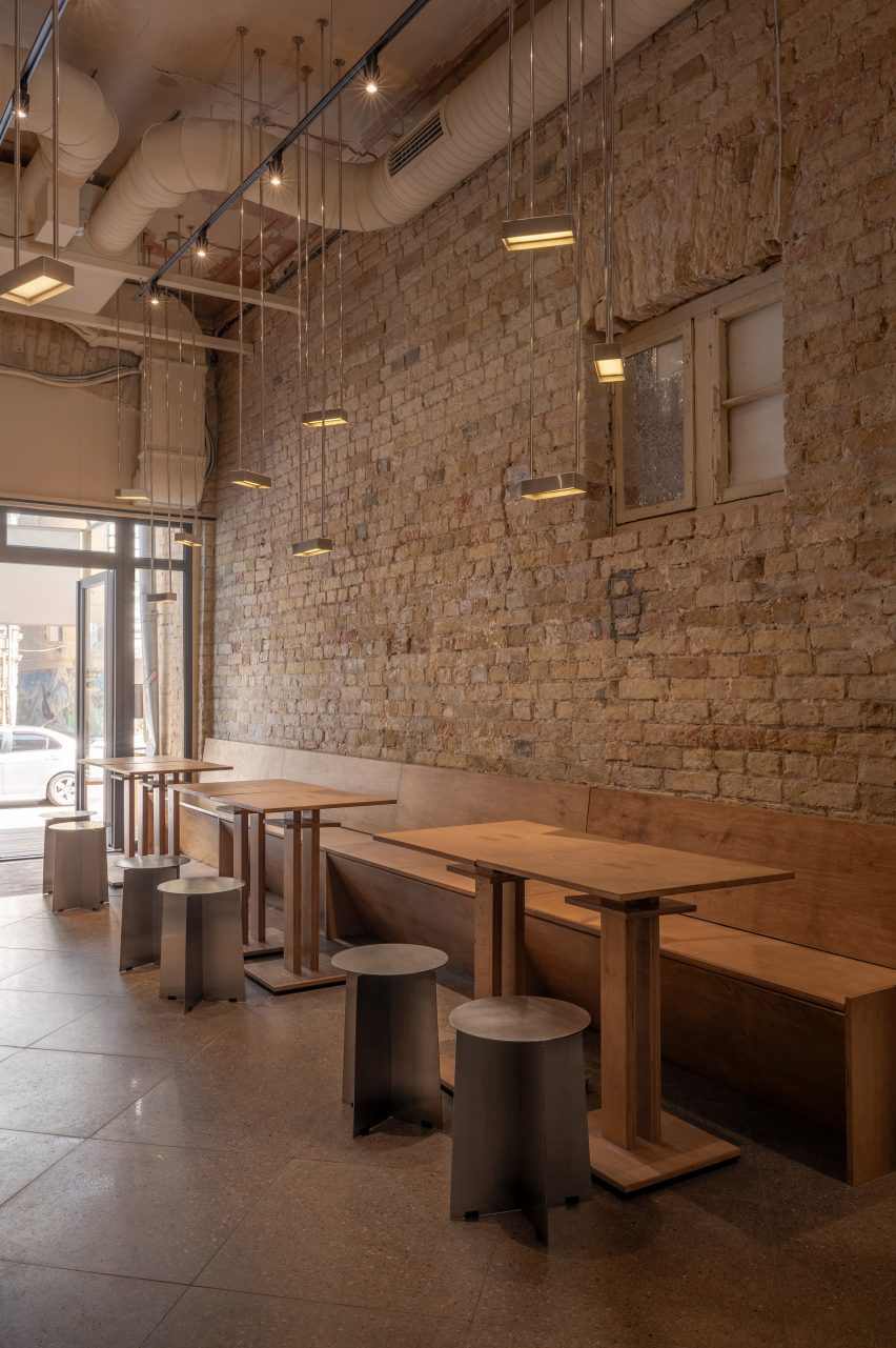 Restaurant interior with wooden and metal furniture