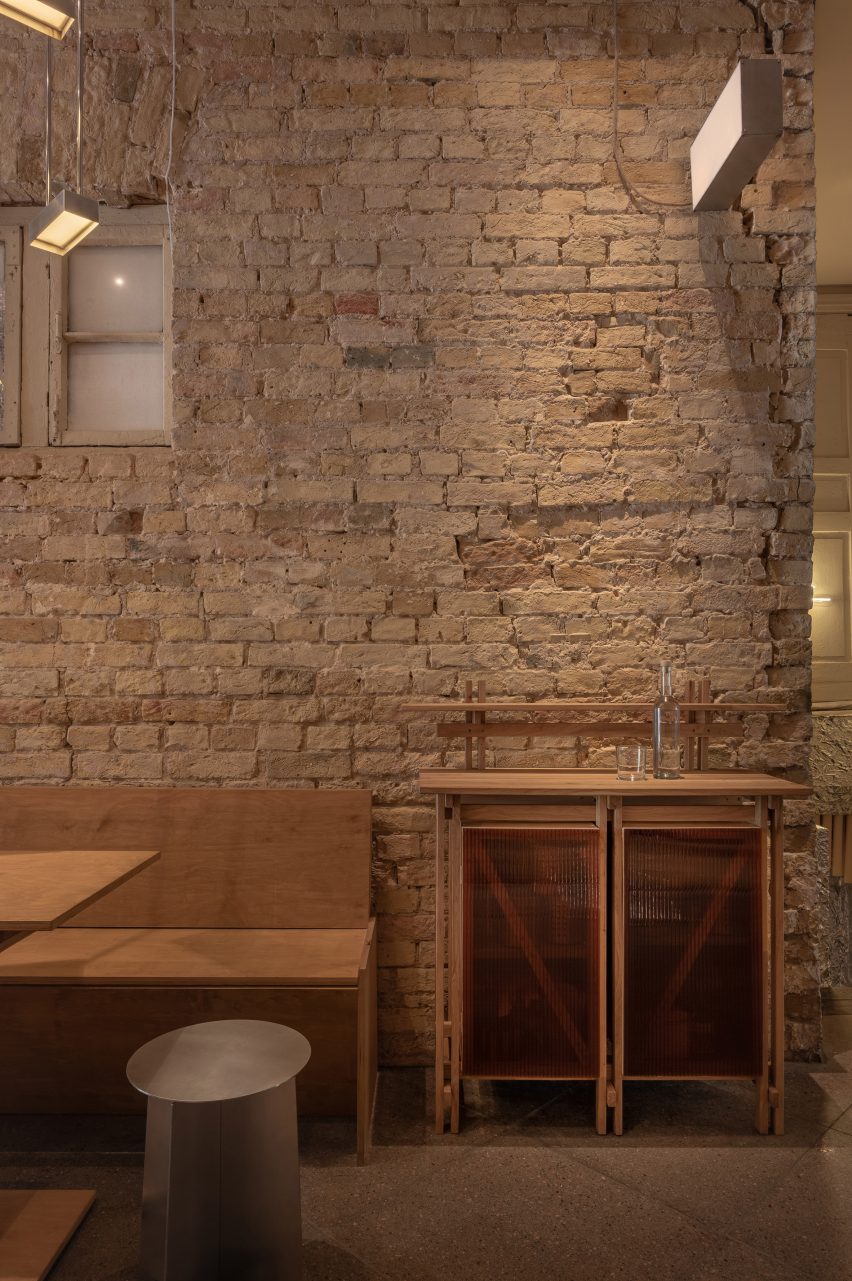 Restaurant interior with wooden and metal furniture