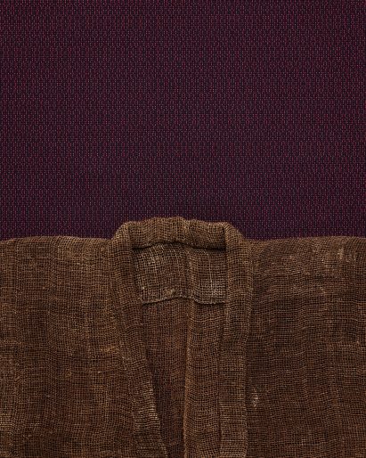 Image of burgundy-coloured Ame textile paired with a brown, loosely woven kimono