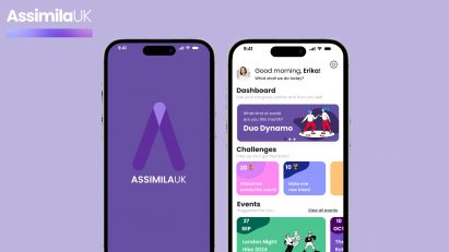 An image displaying an app design, showing two smartphones beside one another with the app on their screens, in tones of purple.