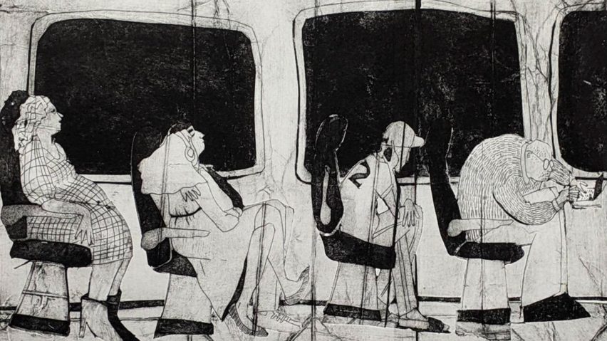 A black and white illustration of people sat on a bus.