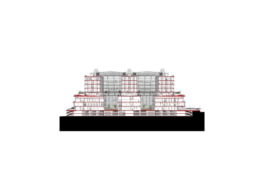 Section of Midland Metropolitan University Hospital by HKS, Cagni Williams and Sonnemann Toon Architects.