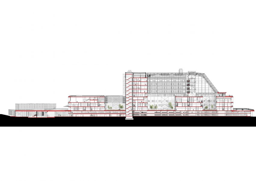 Section of Midland Metropolitan University Hospital by HKS, Cagni Williams and Sonnemann Toon Architects.