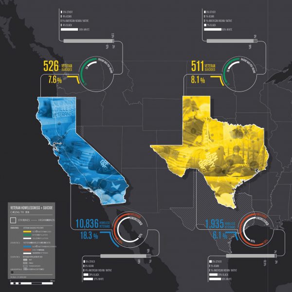 A digital map of two areas, one blocked out in blue and another in yellow. They are labelled with various text and labels, laid against a black background.