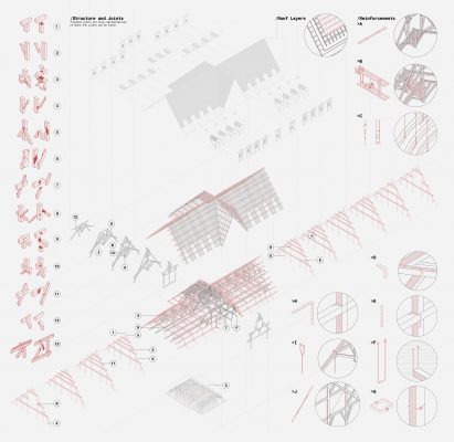 A digital plan for the design of a building, in tones of black and red, against a grey backdrop.
