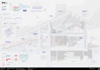 A digital architectural plan for a building design, in tones of blue and grey, against a grey backdrop.