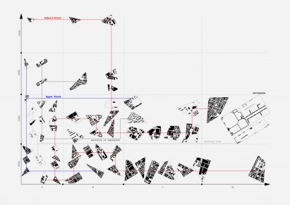 A digital abstracted map in tones of black and grey, with red and blue labels.