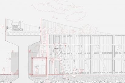 A digital illustration of a building in tones of grey and red.