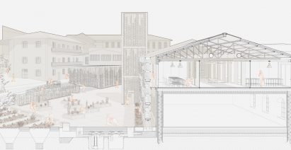 A digital illustration of a group of buildings in tones of grey, beige and orange.