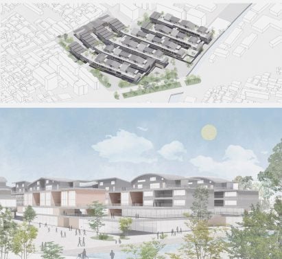 Two visualisations of building designs, one displaying the building from above in tones of grey, surrounded by white buildings and green trees. The other shows the building at ground level, in tones of grey and white, surrounded by green trees and grey figures, with a blue sky above.