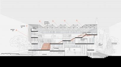 A digital illustration of a building design in tones of black, grey and orange, with labels written in black text.