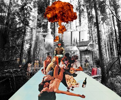 A collaged image showing a group of people sat down and lying down, on a blue surface, surrounded by black and white imagery of buildings and a forest. There is an orange cloud of smoke above the people.