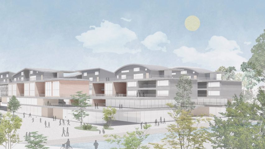 A visualisation of building in tones of grey and white, with a blue sky above and white clouds. There are green trees and grey figures surrounding the building.