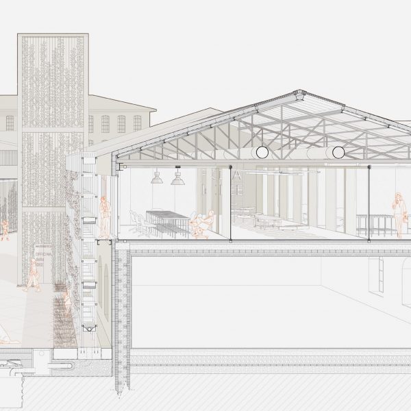 A digital diagram of a building in tones of brown and grey, against a white backdrop.