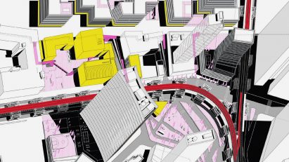 A digital illustration of a group of buildings from above, in tones of grey, white, black, pink, red and yellow.