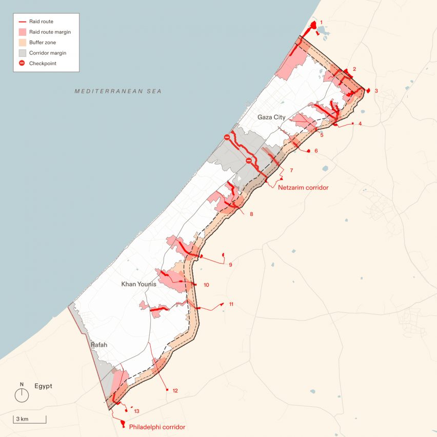 Map of spatial military control in Gaza by Forensic Architecture