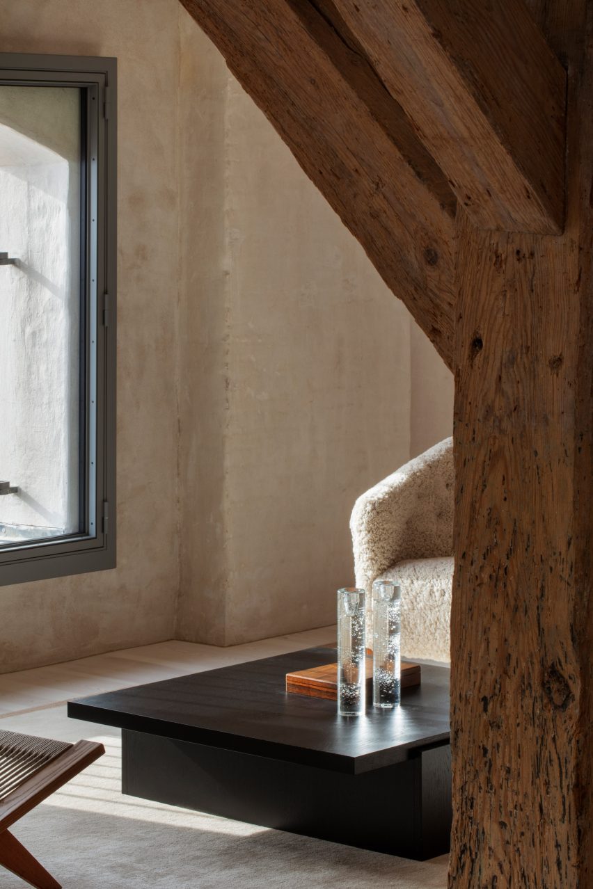 Wooden pine beam in living area