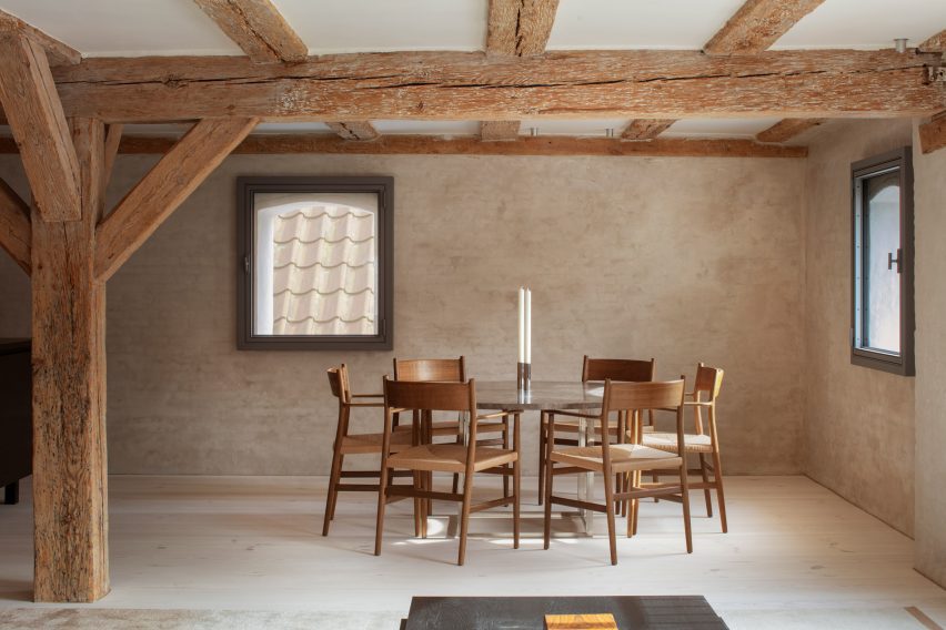 Wooden seating area and structural pine beams