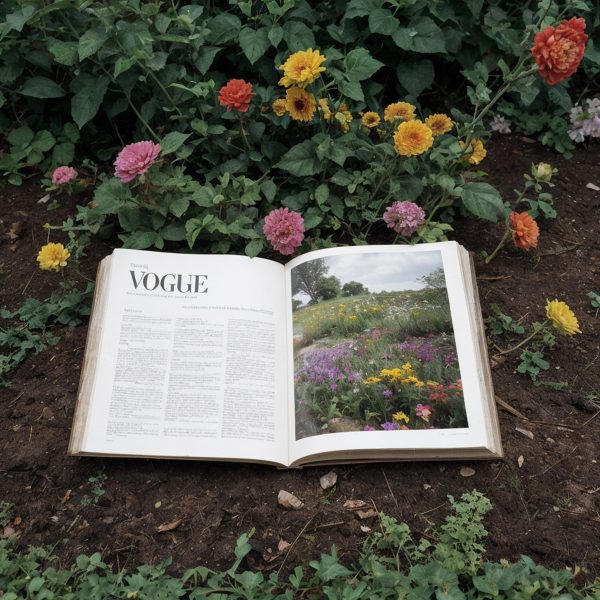 A photograph of an open book among a flower bed with flowers in yellow, pink and orange. The book displays white pages, one on the left with black text on it, and one on the right with a photograph of a field.