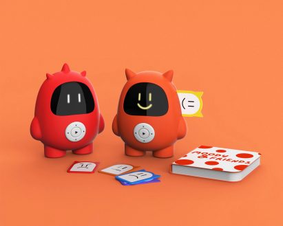 A visualisation of two electronic devices, which appear as characters with pointed ears, in tones of orange and red. Beside them are a collection of playing cards in tones or red, orange, blue and yellow, against an orange backdrop.