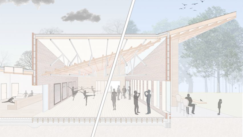 A visualisation of a building in tones of pink and beige, with dark figures placed throughout. There are trees and a blue sky surrounding it.