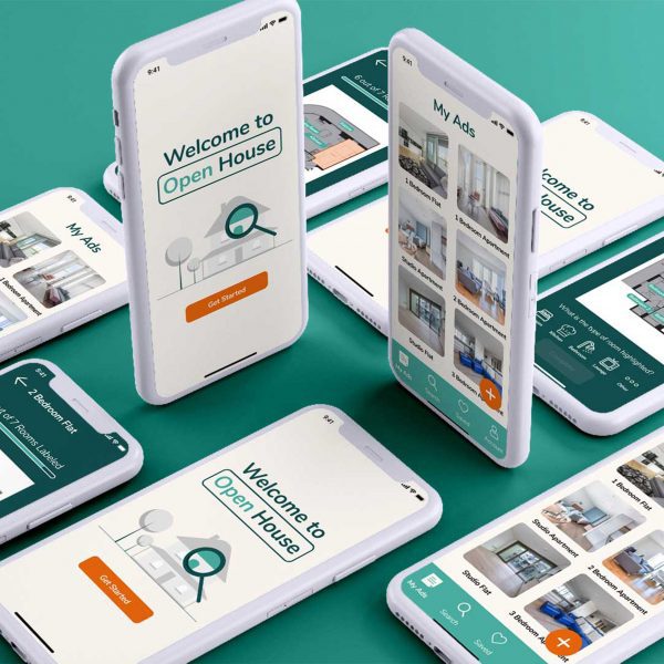 A visualisation of multiple smartphones in tones of white, displaying the same app in tones of orange, green and white, against a green backdrop.